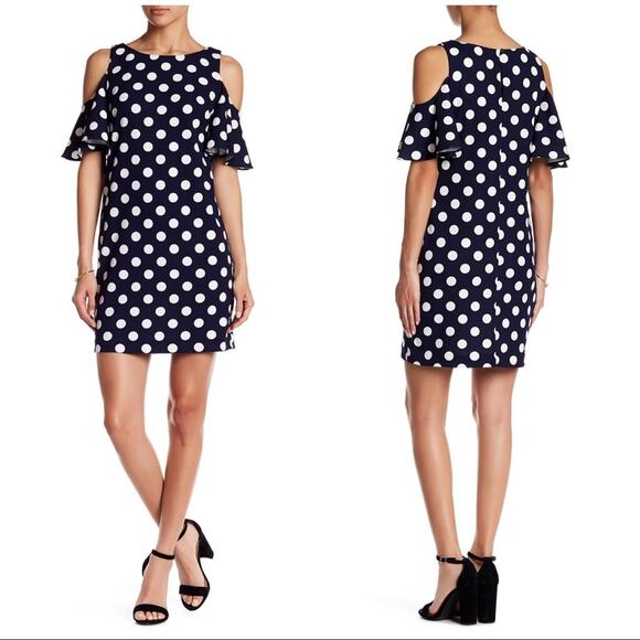 Eliza J Cold Shoulder Polka Dots Mini Dress Navy White Size 2 - Picture 1 of 10